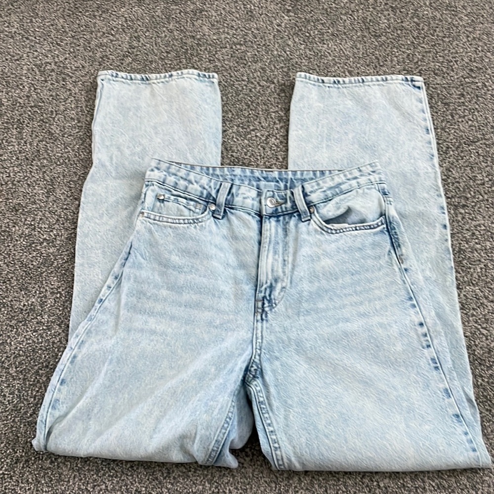high rise, loose straight light wash denim pants